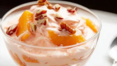 Colorful Peach Dessert Salad in a Bowl