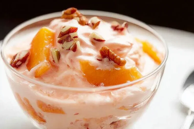 Colorful Peach Dessert Salad in a Bowl