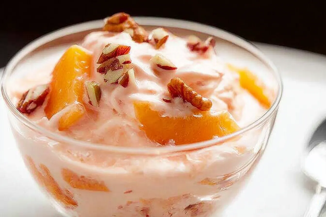 Colorful Peach Dessert Salad in a Bowl