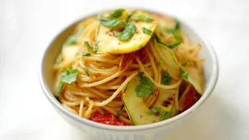 Delicious Red Lentil Spaghetti with Grilled Patty Pan Squash