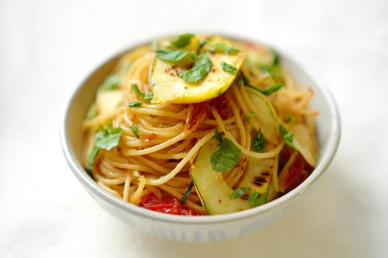 Delicious Red Lentil Spaghetti with Grilled Patty Pan Squash
