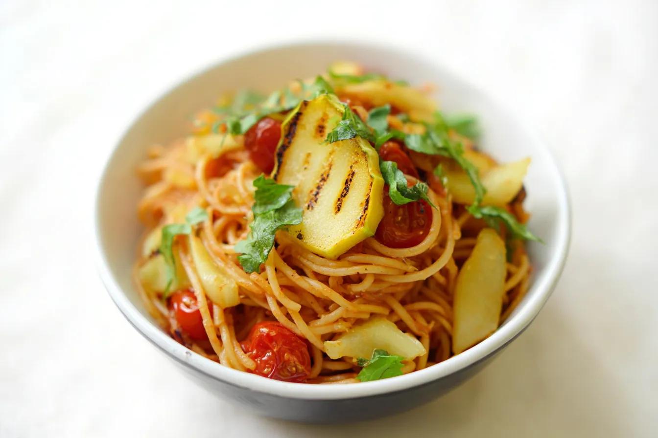 Delicious Red Lentil Spaghetti with Grilled Patty Pan Squash