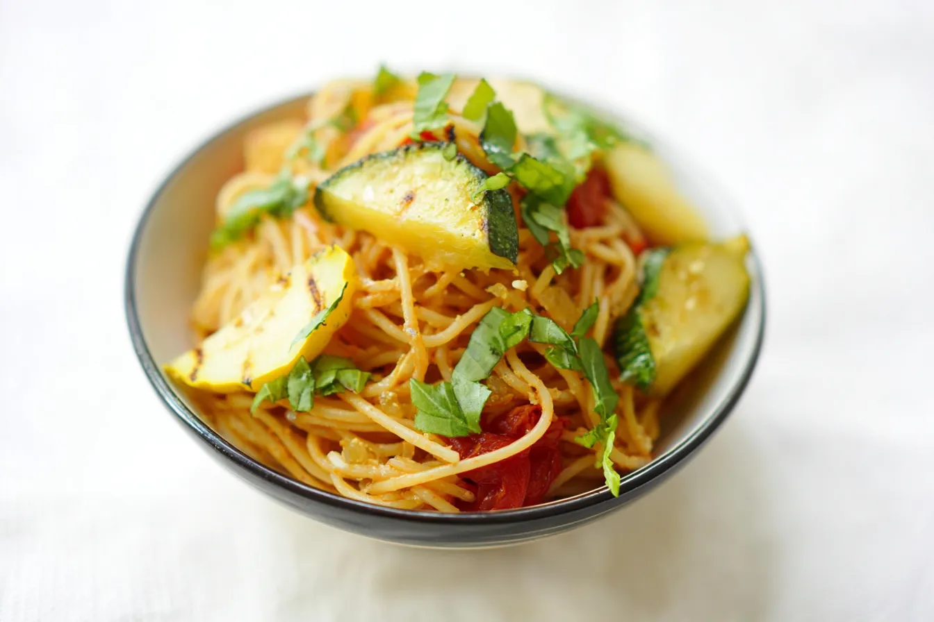 Red Lentil Spaghetti with Grilled Patty Pan Squash 