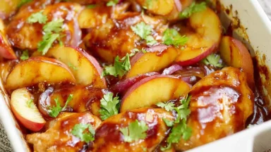 Delicious Roasted Peach BBQ Chicken Bake