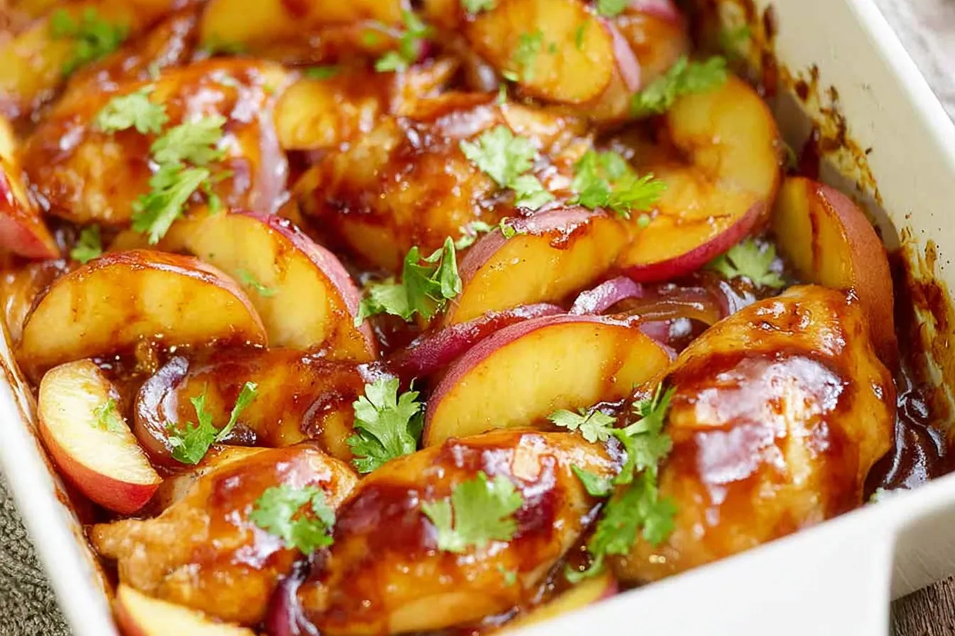 Delicious Roasted Peach BBQ Chicken Bake