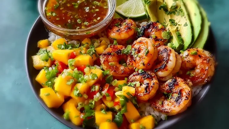 Shrimp and Avocado Bowls with Mango Salsa & Lime Chili Sauce