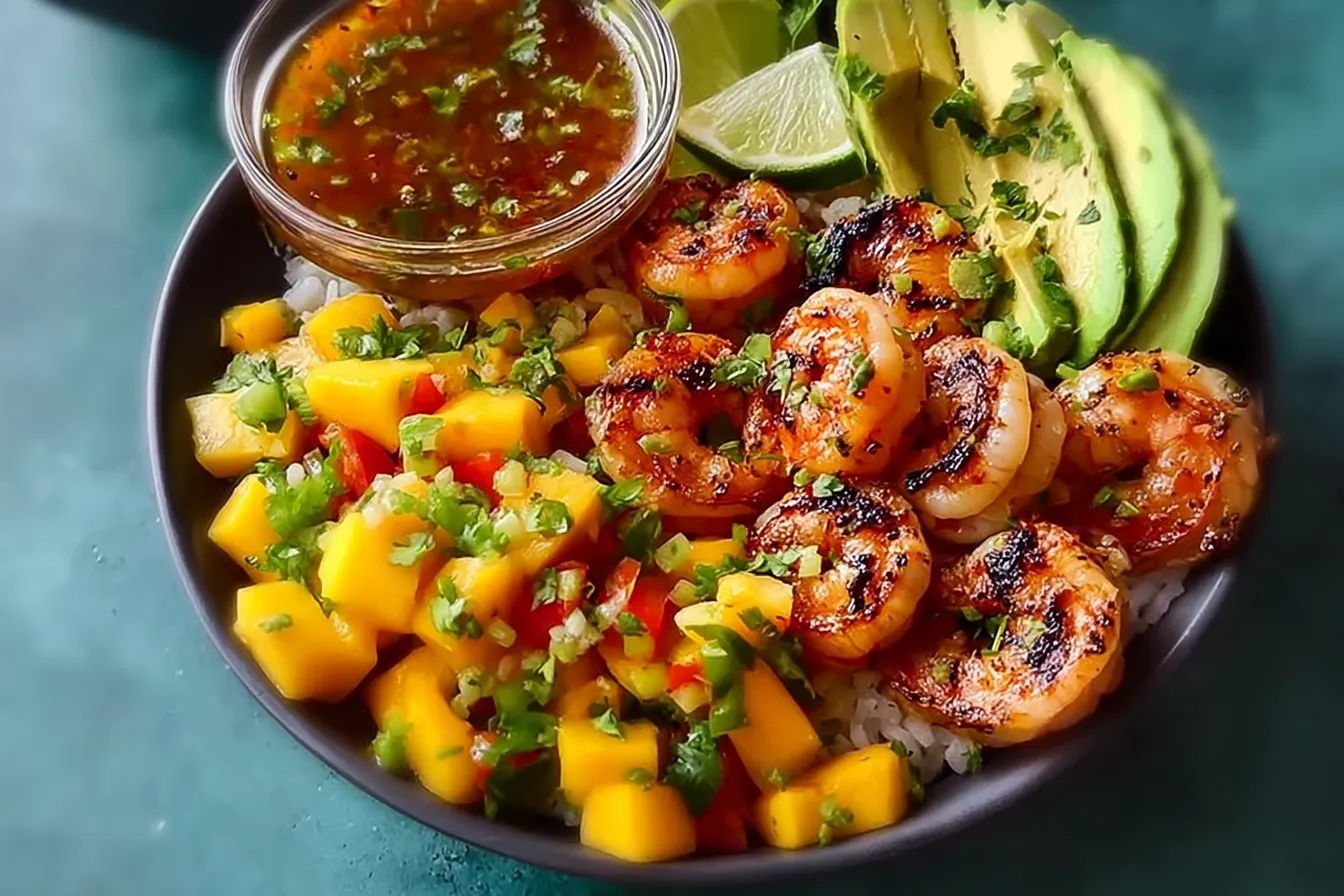 Shrimp and Avocado Bowls with Mango Salsa & Lime Chili Sauce