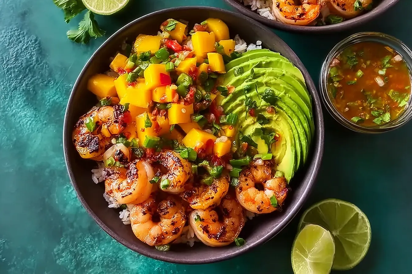 Shrimp and Avocado Bowls with Mango Salsa & Lime Chili Sauce 