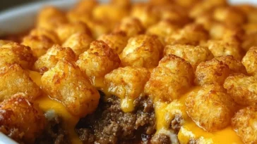 Tater Tot Casserole with Ground Beef Freshly Baked Dish
