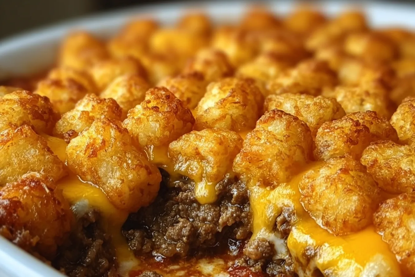 Tater Tot Casserole with Ground Beef Freshly Baked Dish
