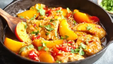 Thai Peach Chicken Cooking in Skillet