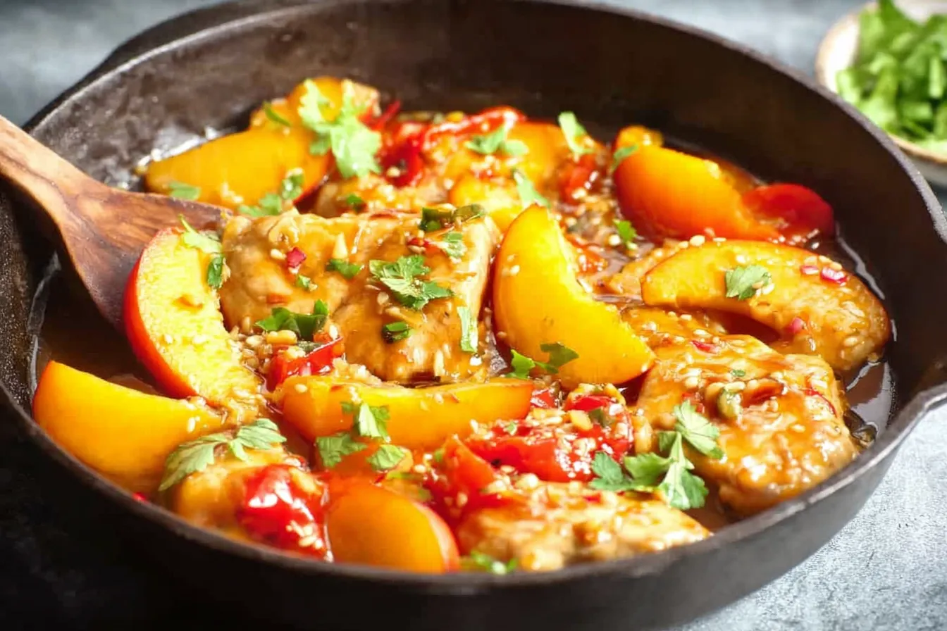 Thai Peach Chicken Cooking in Skillet