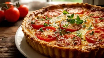 Irresistibly Gooey Tomato Pie on a Plate