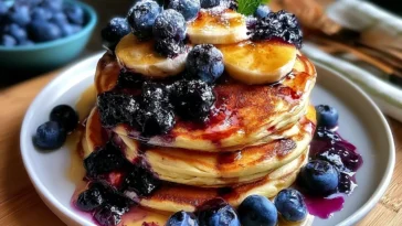 Fluffy Blueberry Banana Protein Pancakes on a Plate