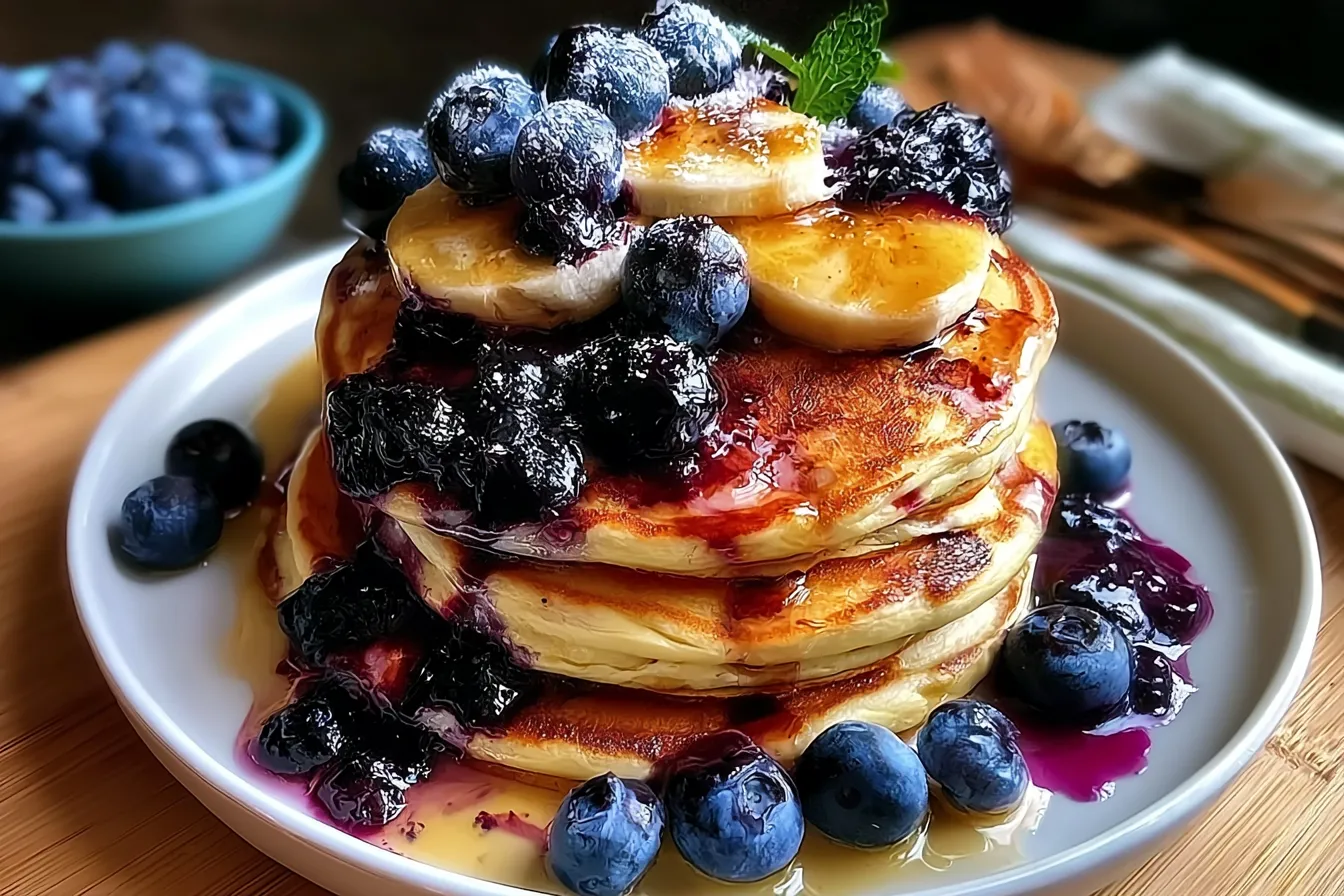 5 Secrets to Fluffy Blueberry Banana Protein Pancakes That Work 3 Fluffy Blueberry Banana Protein Pancakes on a Plate