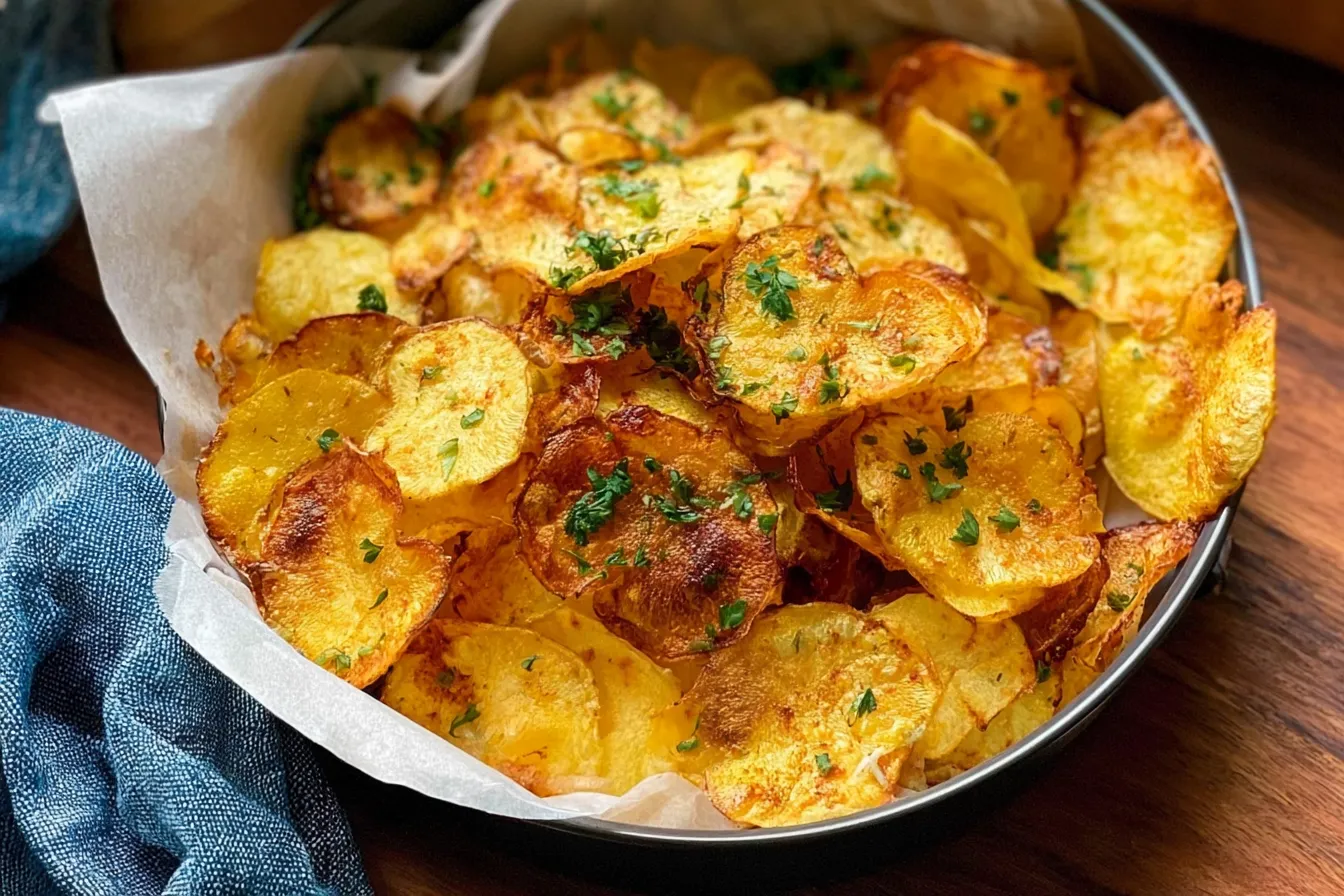 Air Fryer Potato Chips: Crunchy Goodness You’ll Love 3 Crispy Air Fryer Potato Chips on a Plate