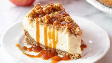 Delicious Apple Crisp Cheesecake Slice on a Plate