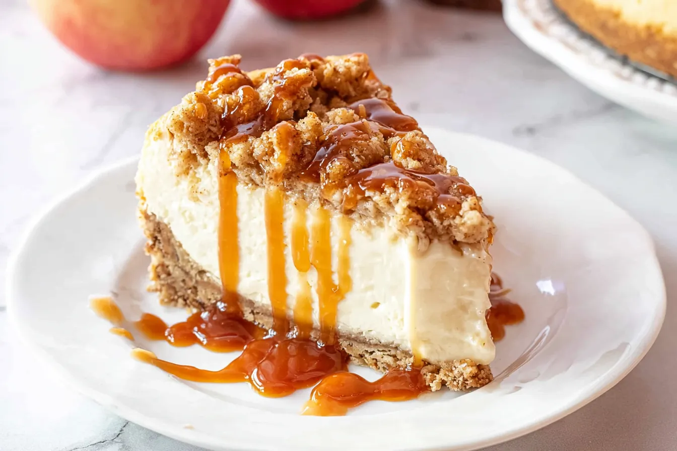 Delicious Apple Crisp Cheesecake Slice on a Plate