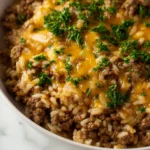 Cheesy Ground Beef and Rice Casserole Fresh Out of the Oven