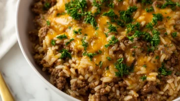 Cheesy Ground Beef and Rice Casserole Fresh Out of the Oven