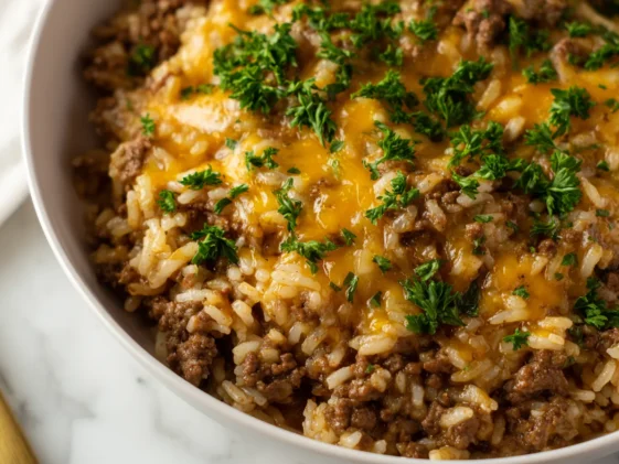 Cheesy Ground Beef and Rice Casserole Fresh Out of the Oven