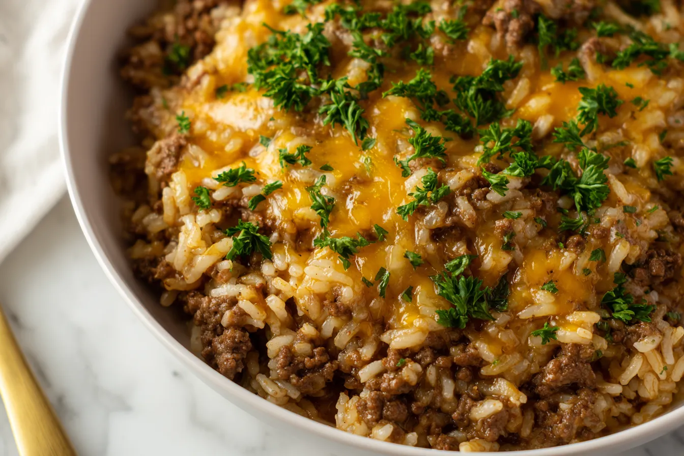 Cheesy Ground Beef and Rice Casserole Fresh Out of the Oven