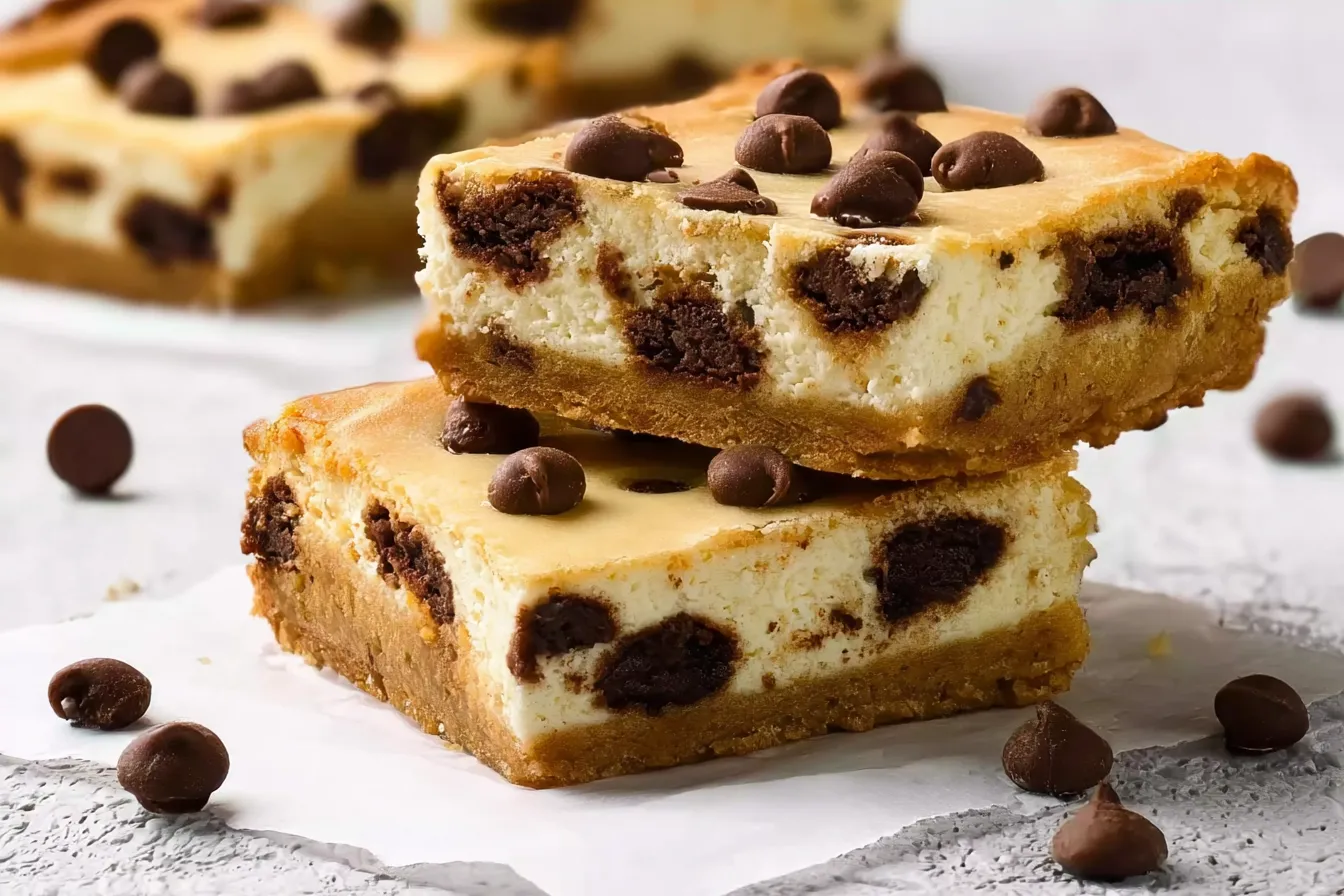 Chocolate Chip Cheesecake Bars On A Plate