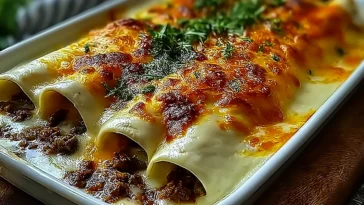 Comforting Cheesy Beef Enchiladas with Creamy White Sauce Plated