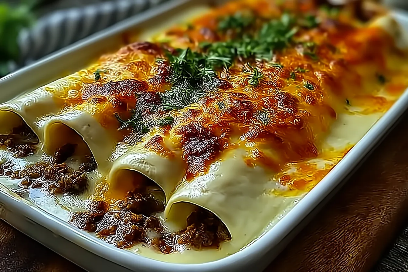 Comforting Cheesy Beef Enchiladas with Creamy White Sauce Plated