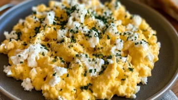 Creamy Cottage Cheese Scrambled Eggs on a Breakfast Plate