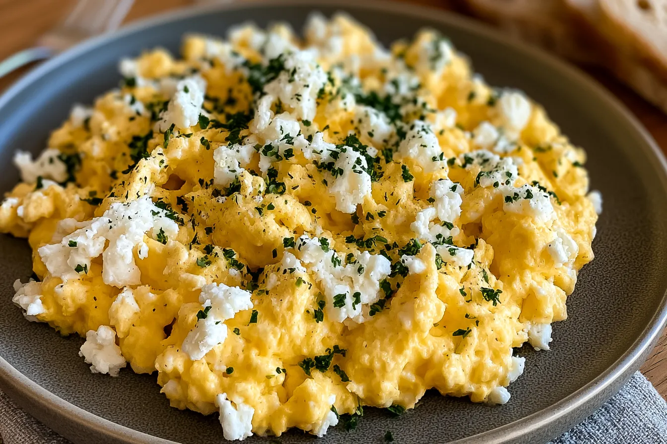 Creamy Cottage Cheese Scrambled Eggs on a Breakfast Plate
