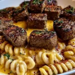 Creamy Garlic Butter Steak Bites over Spicy Cajun Twisted Pasta