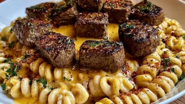 Creamy Garlic Butter Steak Bites over Spicy Cajun Twisted Pasta