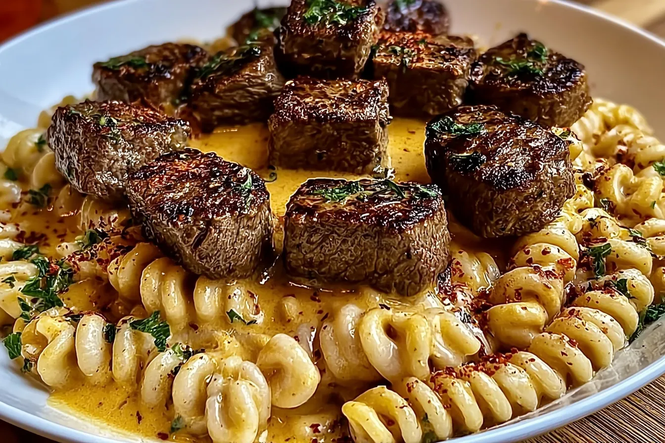 Creamy Garlic Butter Steak Bites over Spicy Cajun Twisted Pasta