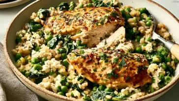 Creamy Lemon Chicken Skillet with Spinach & Peas