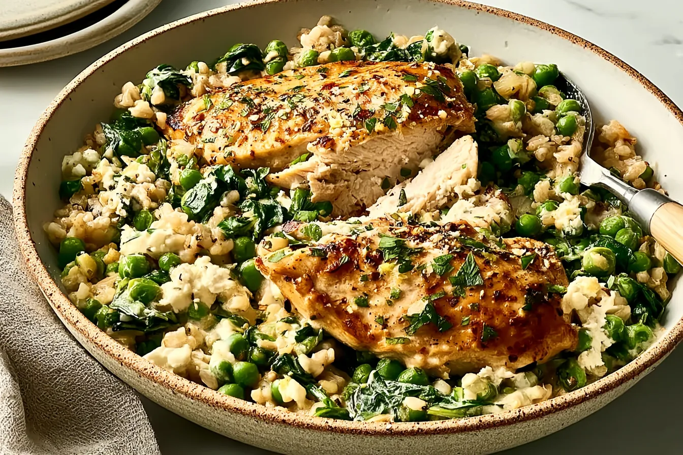 Creamy Lemon Chicken Skillet with Spinach & Peas