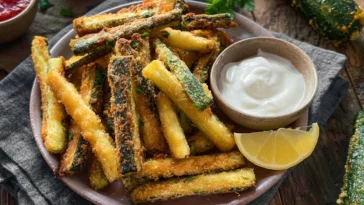 Crispy Baked Zucchini Fries Plated with Dipping Sauce