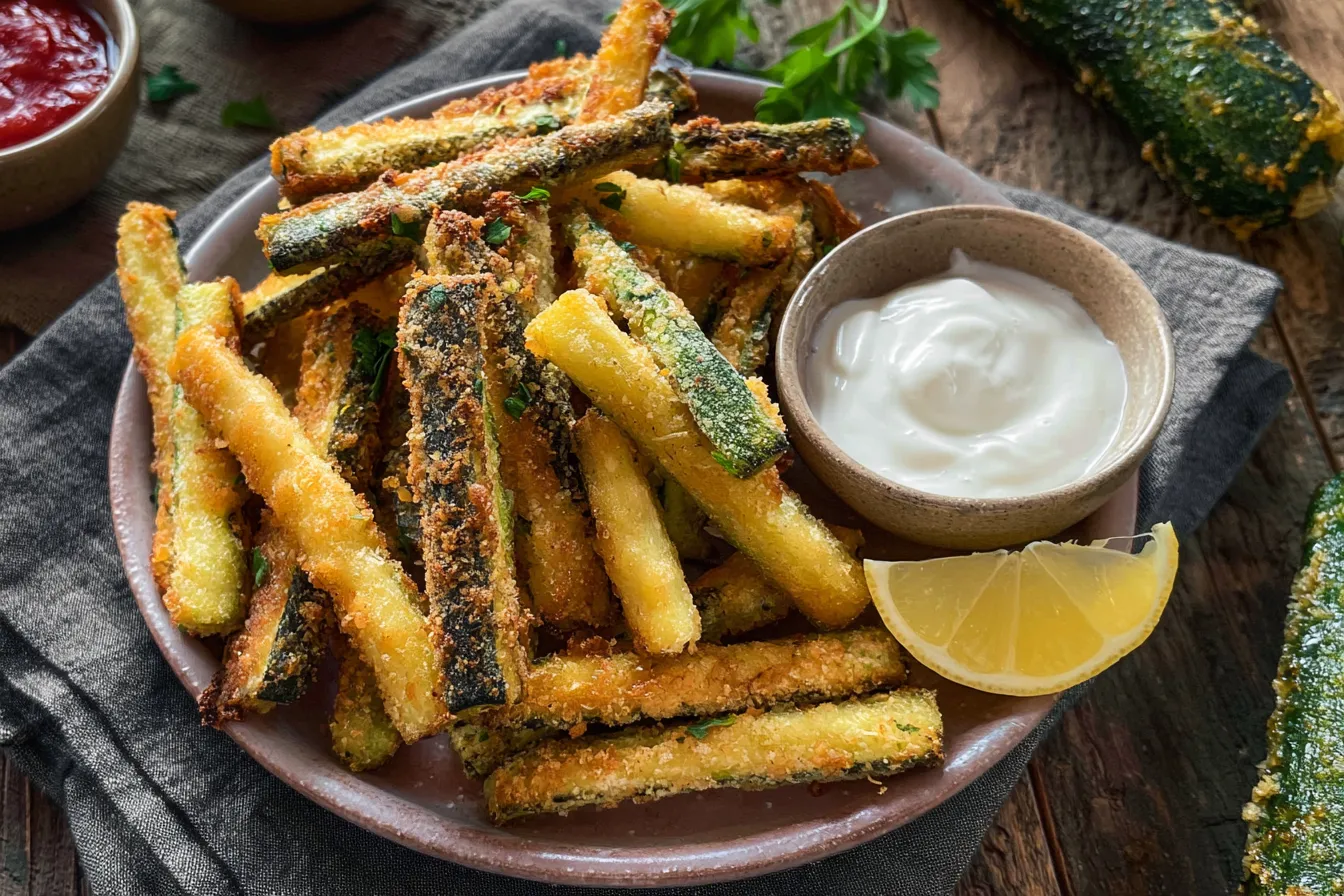 Crispy Baked Zucchini Fries: Your New Favorite Snack 3 Crispy Baked Zucchini Fries Plated with Dipping Sauce
