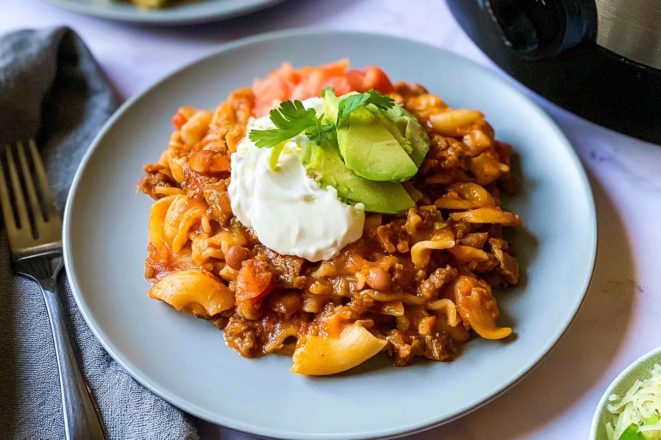 Easy Slow Cooker Taco Pasta Served in a Bowl