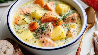 Finnish Salmon Soup (Lohikeitto) Served in a Bowl