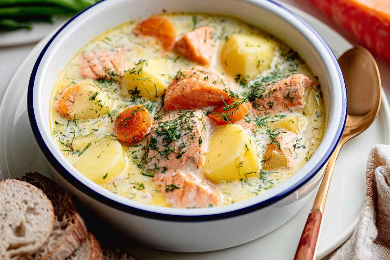 Finnish Salmon Soup (Lohikeitto) Served in a Bowl