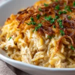 French Onion Chicken Orzo Casserole in a Baking Dish