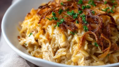 French Onion Chicken Orzo Casserole in a Baking Dish