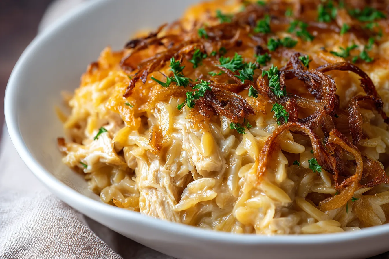French Onion Chicken Orzo Casserole in a Baking Dish