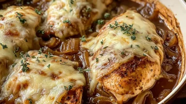 Savory French Onion Soup Chicken Bake with Melted Gruyère