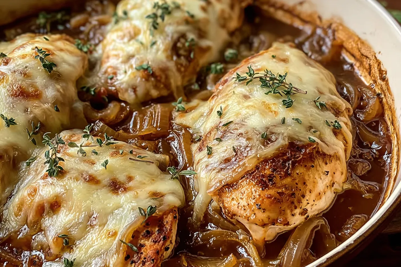 Savory French Onion Soup Chicken Bake with Melted Gruyère