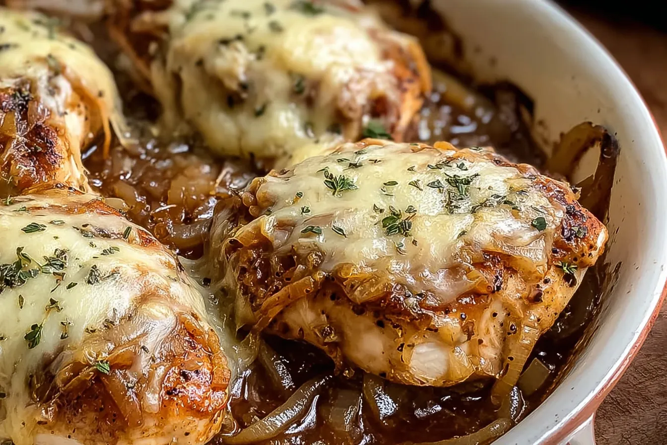French Onion Soup Chicken Bake with Melted Gruyère 