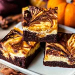 Fudgy Swirled Pumpkin Cheesecake Brownies on a Plate