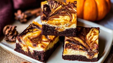 Fudgy Swirled Pumpkin Cheesecake Brownies on a Plate