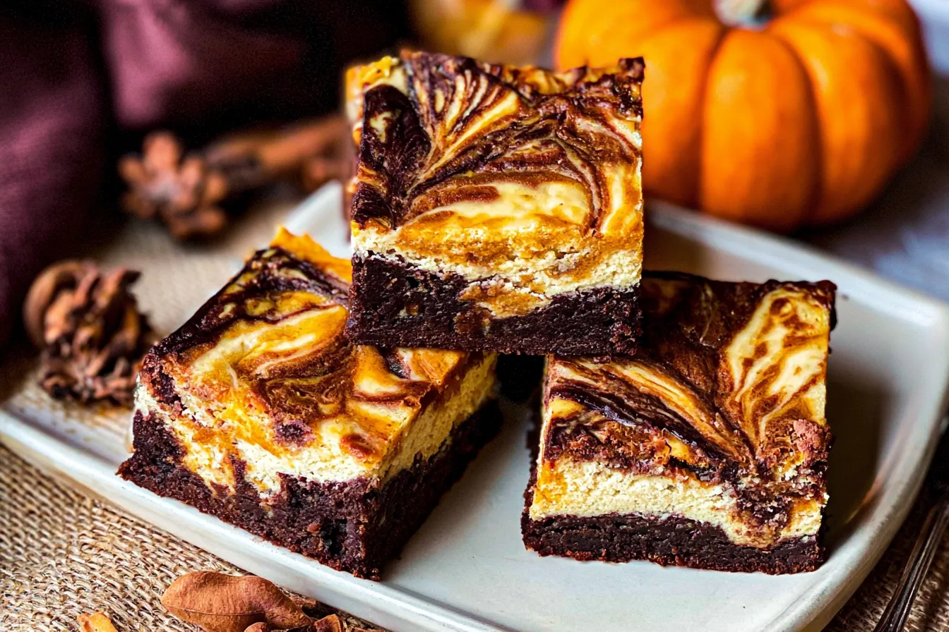 Fudgy Swirled Pumpkin Cheesecake Brownies on a Plate